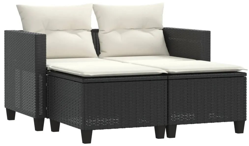 2 személyes fekete polyrattan kerti kanapé zsámollyal