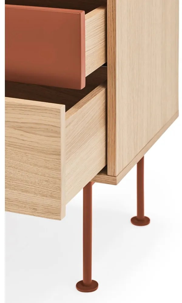 Yoko téglavörös éjjeliszekrény tölgyfa dekorral - Teulat