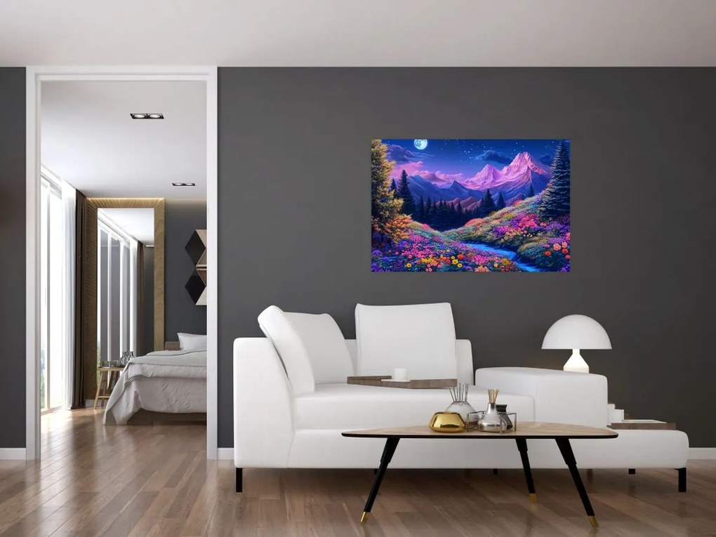 Kép - Lila táj teljes holdfénynél (90x60 cm)