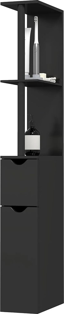 Kleankin Fürdőszobai Oszlop 2 Polccal és 2 Szekrénnyel, Magas Fürdőszobai Térkihasználó MDF-ből, 15,2x29,8x118cm, Fekete | Aosom