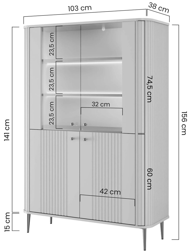 Vesper vitrin 103 cm - kasmír / dió / arany lábak
