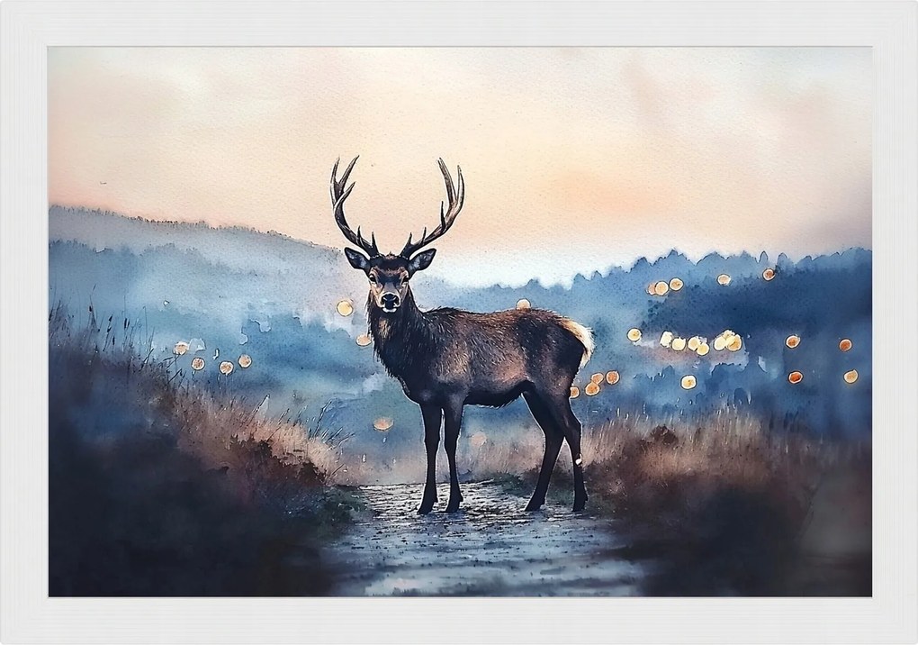 Poszter Keret Fa Akvarell Természet Állat Szarvas Este 60x40