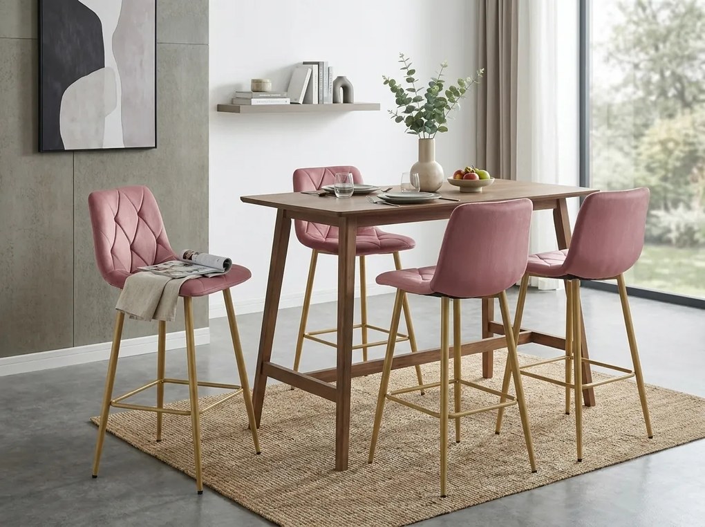 Sötét rózsaszín bárszék NADO VELVET tölgy hatású lábakkal