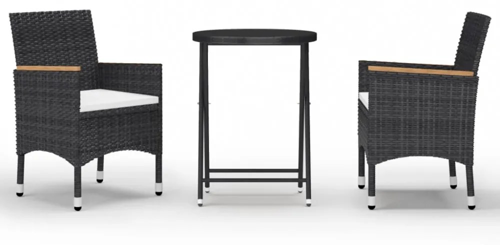 vidaXL 3 részes fekete polyrattan és edzett üveg kerti bisztrószett