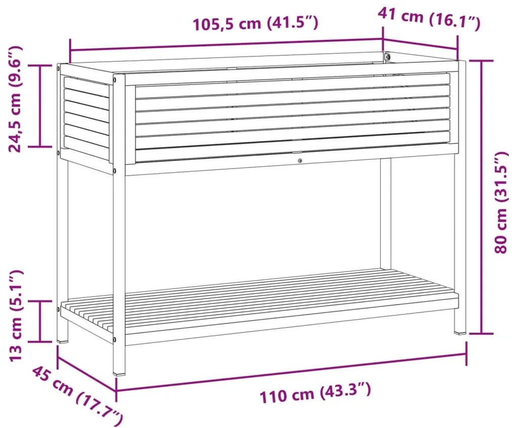 vidaXL tömör akácfa és acél kerti virágtartó polccal 110 x 45 x 80 cm