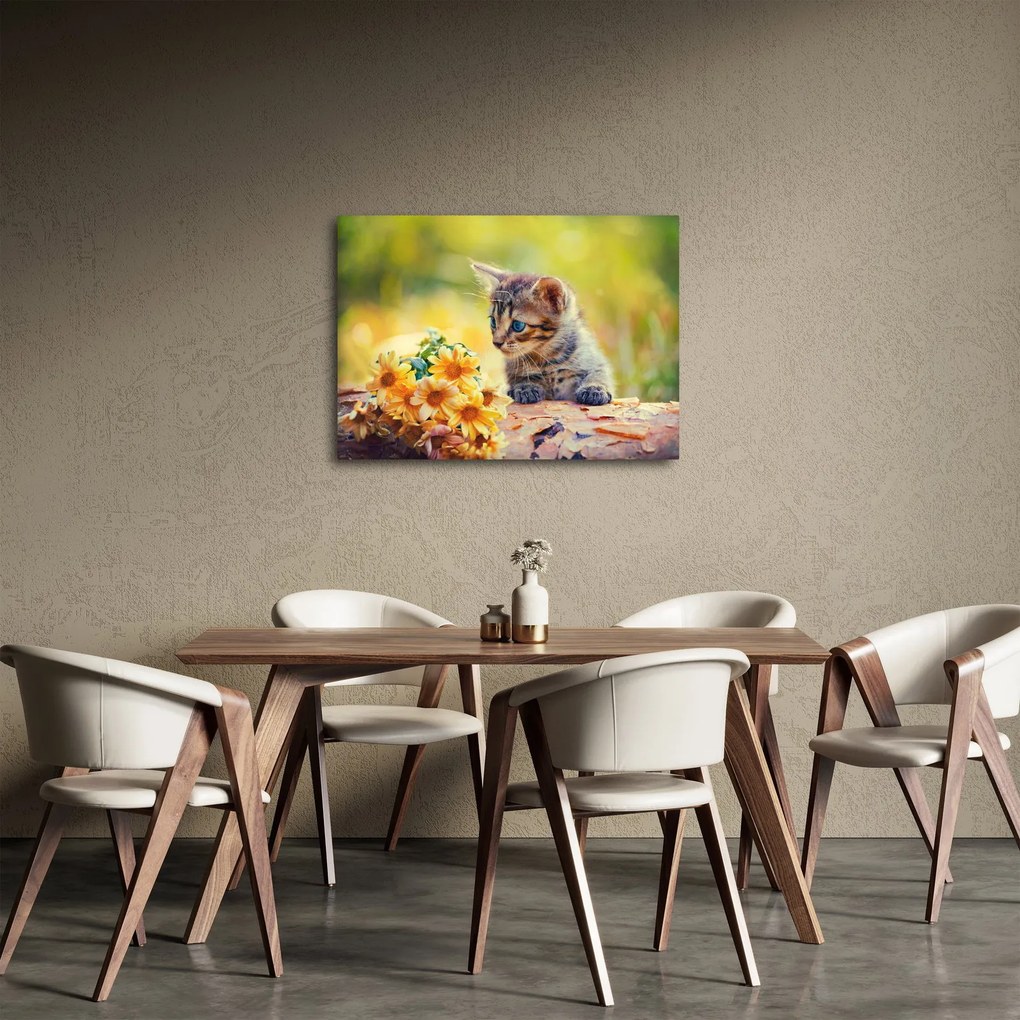 Macska képe ahogy a virágot nézi (70x50 cm)
