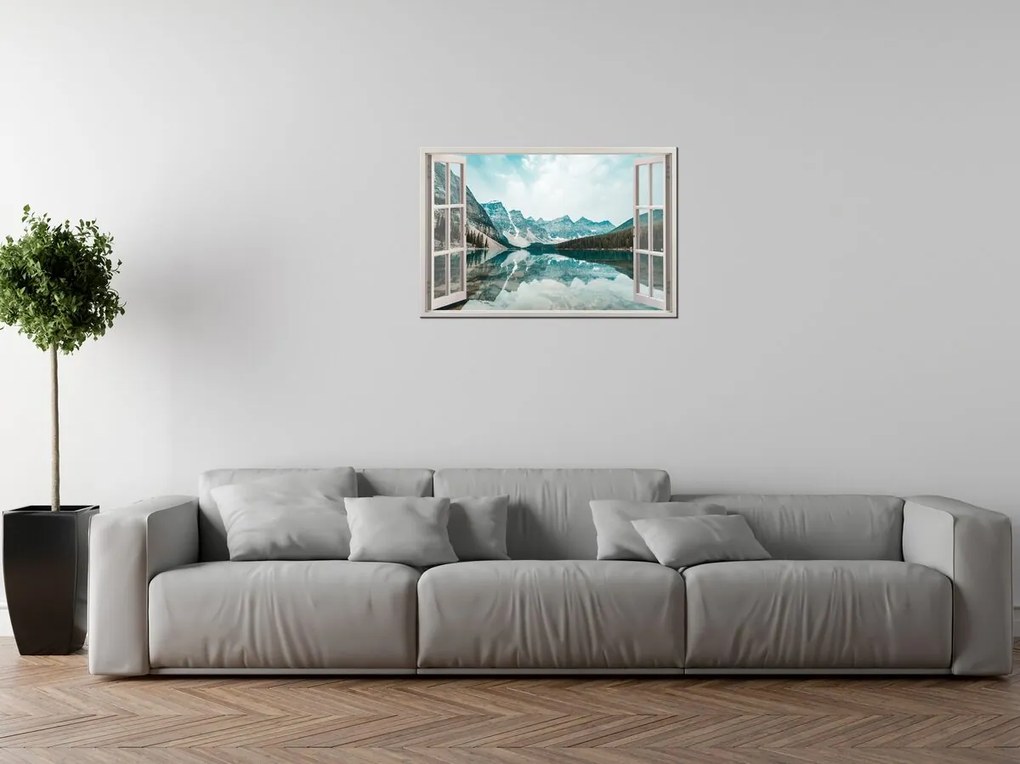 Gario Vászonkép Nyitott ablak Türkizkék tó Méret: 90 x 60 cm