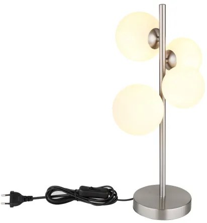Globo 56140-4T Asztali lámpa fém nikkel matt, üveg fehér, kábel PVC fekete, billenőkapcsoló a kábelen, HxSzxM: 270x230x510mm, kábelhossz 1500mm, üveg átmérő: 2x10cm, 2x12cm, benne 4x G9 LED 3.5W 230V, 350lm forrás, 310lm kimenet, 3000K