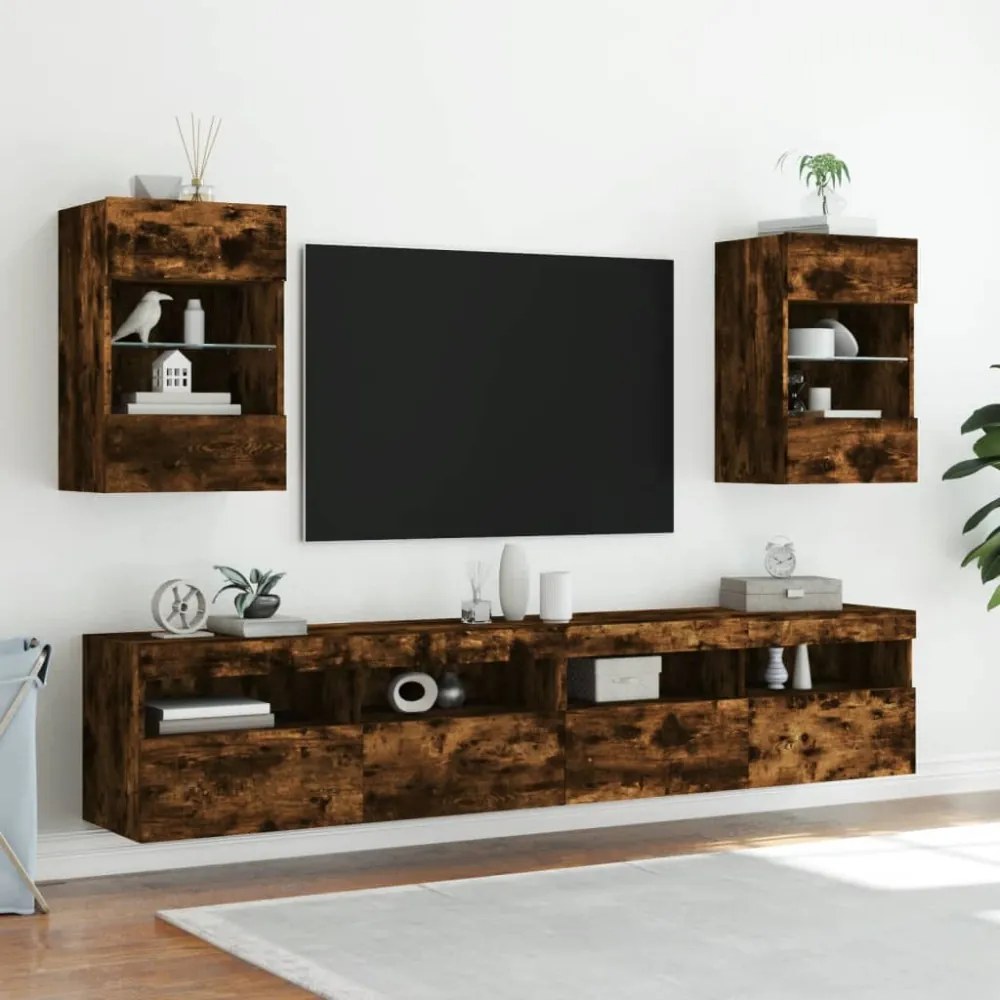 2 db füstös tölgy fali szekrények LED világítással TV-hez 40x30x60,5 cm