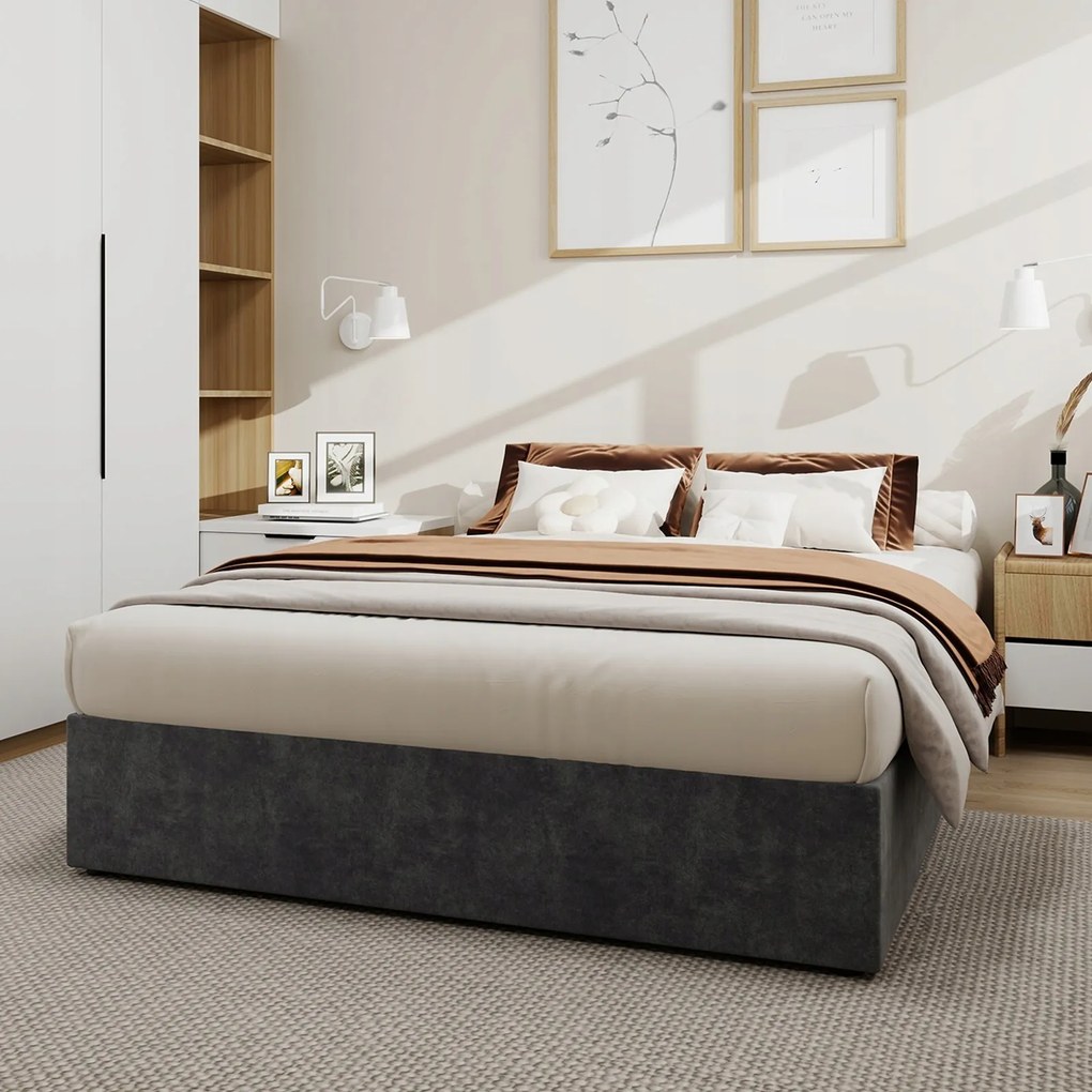 Kárpitozott franciaágy 140x200cm hidraulikus Nincs fejtámla szürke