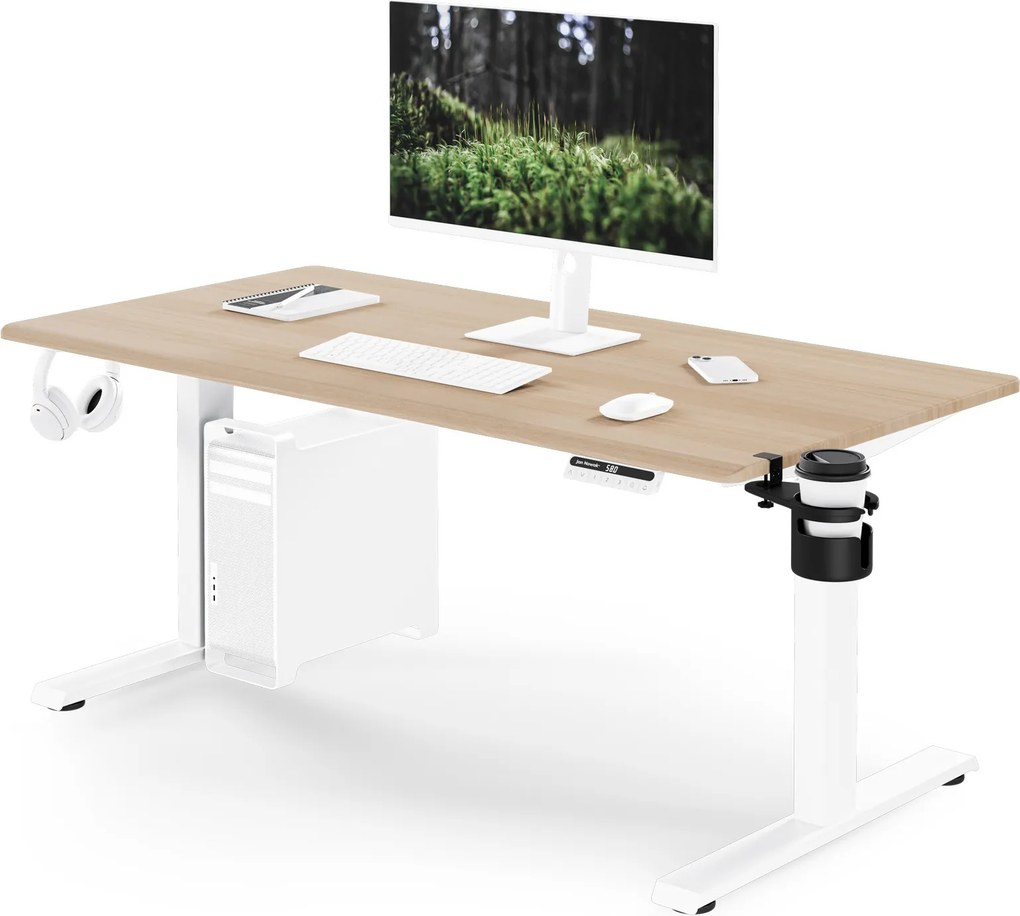 Elektromos, állítható magasságú, ergonomikus, fehér/sonoma tölgy íróasztal,1400x700 mm: ARIA
