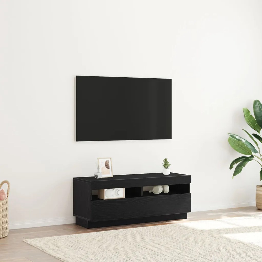 Tévé Szekrény LED Fényekkel Fekete Tölgy 100x35x40 cm Műanyag Fa