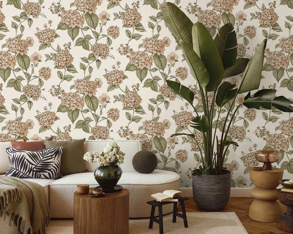 Holden Decor Wanderlust Hortensia korall-zöld virágos vlies tapéta – 92120