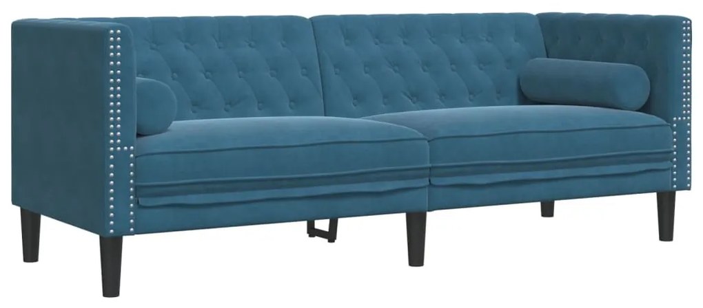 2 részes kék bársony Chesterfield kanapészett hengerpárnákkal