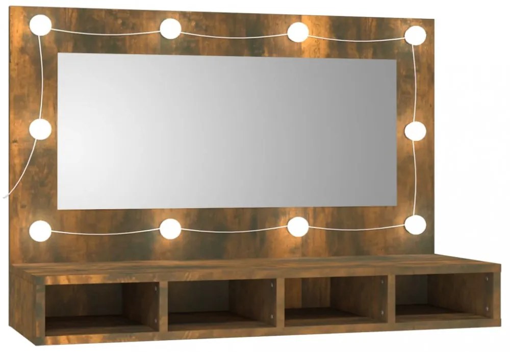 füstös tölgy színű tükrös szekrény LED-ekkel 90 x 31,5 x 62 cm