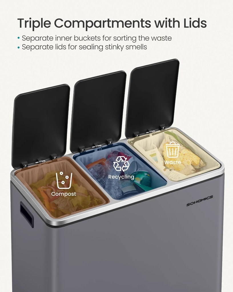 Háromrészes pedálos kuka 3 x 18L lágy záródású fedéllel, szürke