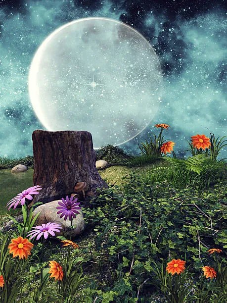 Illusztráció Night meadow with flowers, FairytaleDesign