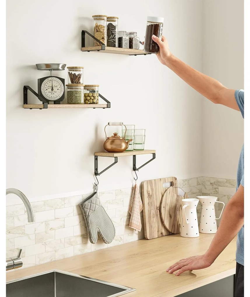 Fali polc, lebegő polc, 3 darabos készlet, tölgy-fekete