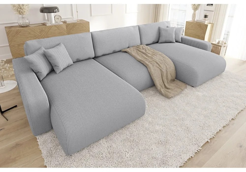 Világosszürke kordbársony kinyitható tárolóhelyes sarokkanapé Sara – Ropez