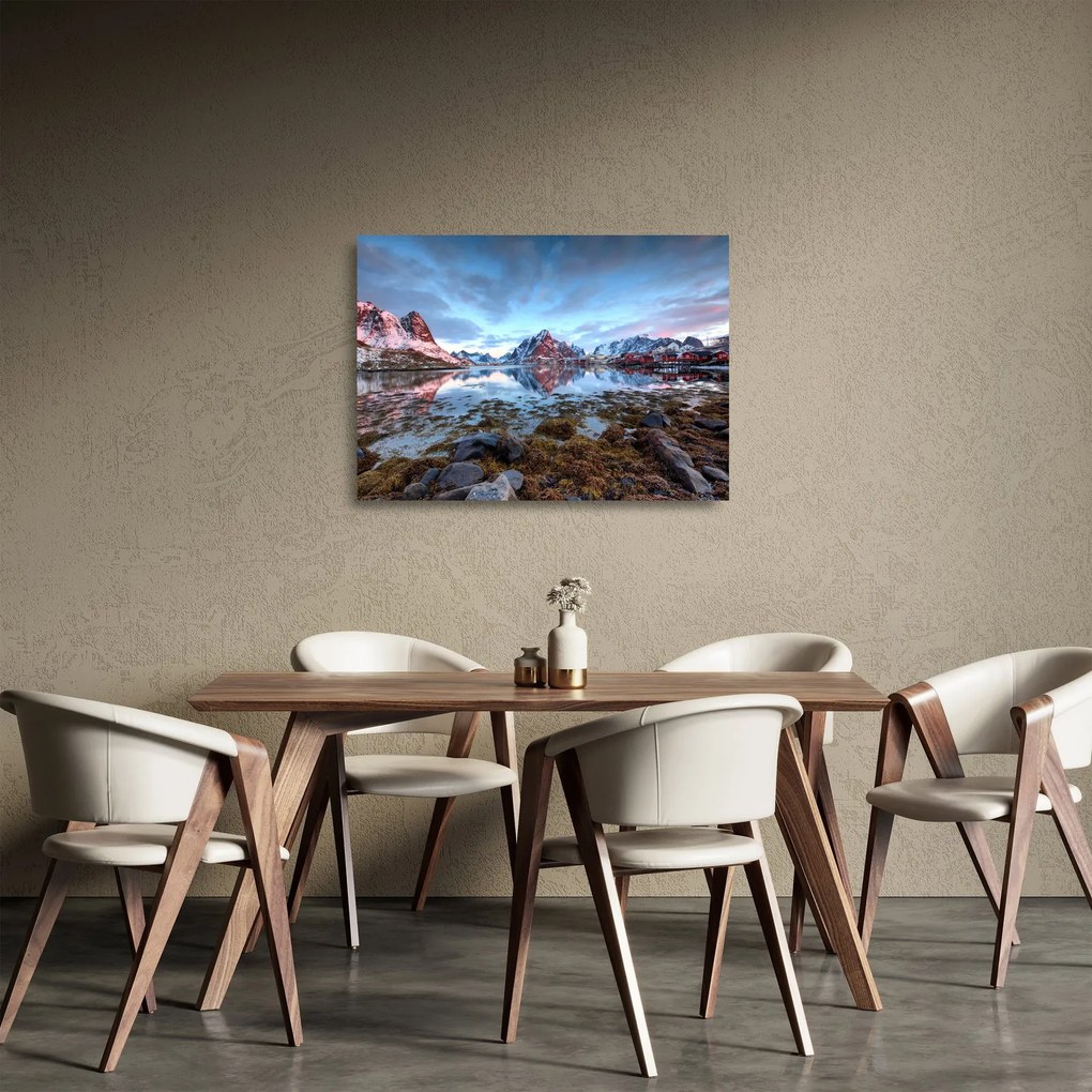 Üveg kép - Napfelkelte Reine felett (70x50 cm)
