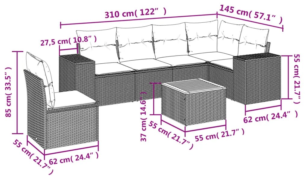 7 részes szürke polyrattan kerti ülőgarnitúra párnákkal