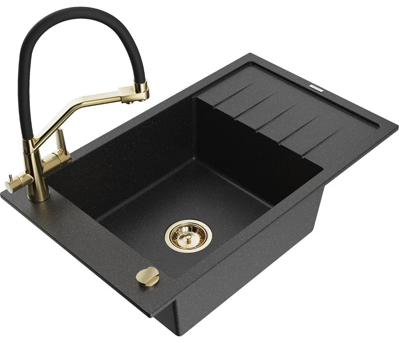 Mexen Elias egytálcás, gránit mosogató csepegtetővel és konyhai csapteleppel Duo, fekete/ezüst metál - 6511-73-671701-57-G