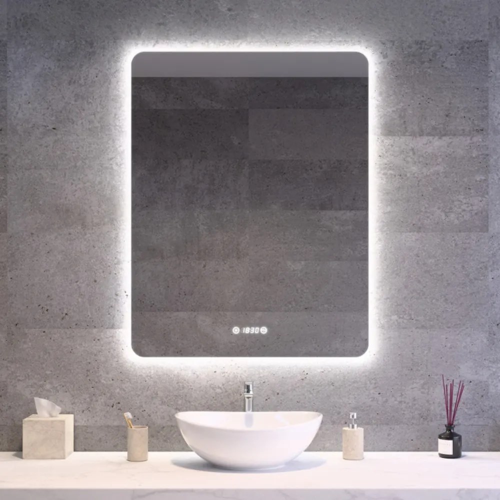 Álló fürdőszobai LED tükör 70x90cm | Páramentesítő funkció - Beépített óra - Fényerő és színhőmérséklet szabályozás | Welland Luxury-Line G1095