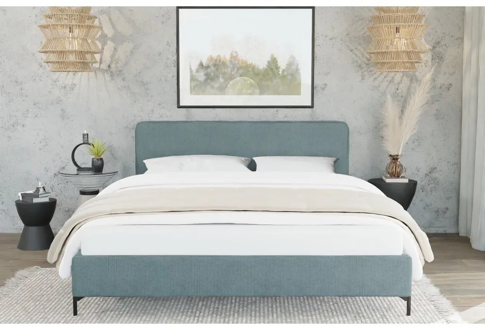 Világoskék kárpitozott franciaágy ágyráccsal 200x200 cm Barker – Ropez