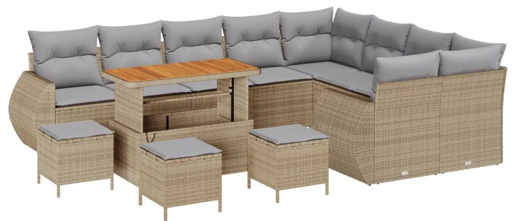12 darabos kerti kanapészett párnákkal Bézs Poly Rattan Akác, 3 darabos kerti étkező szett párnákkal Bézs Poly Rattan Akác