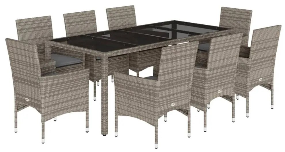 9 részes szürke polyrattan/üveg kerti étkezőgarnitúra párnával