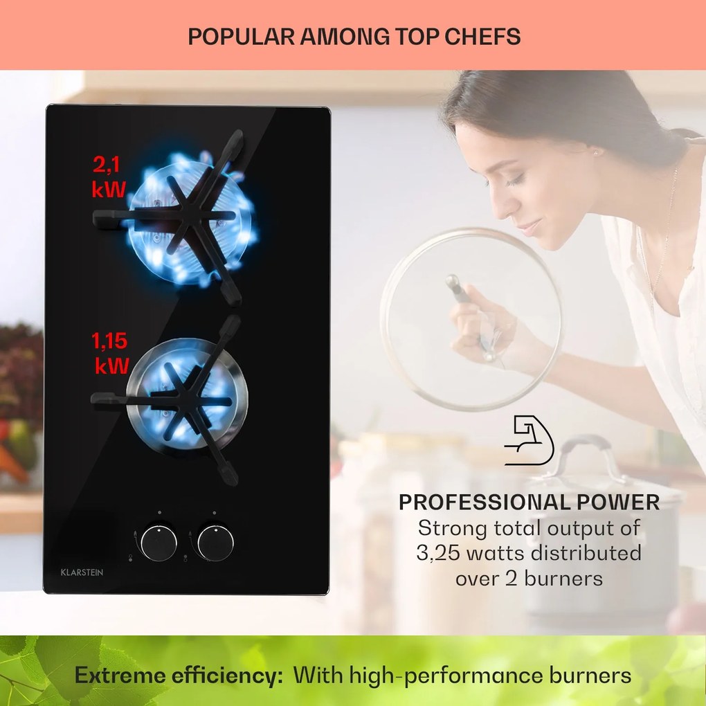 Klarstein Trifecta Domino, gázfőzőlap, 2 háromszögletű égő, üvegkerámia
