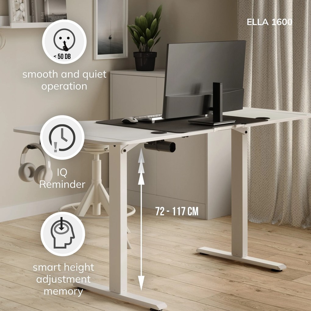 Állítható magasságú elektromos asztal ELLA, 1600 x 720 x 750 mm, fehér színű