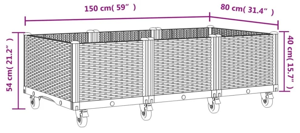 vidaXL barna polipropilén rácsos kerekes ültetőláda 150 x 80 x 54 cm