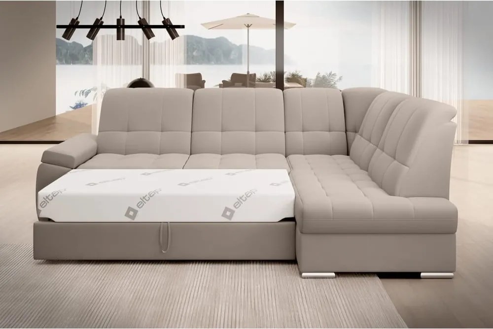 Bézs bársony kinyitható-tárolóhelyes sarokkanapé (jobb oldali-L alakú) Sado – ELTAP