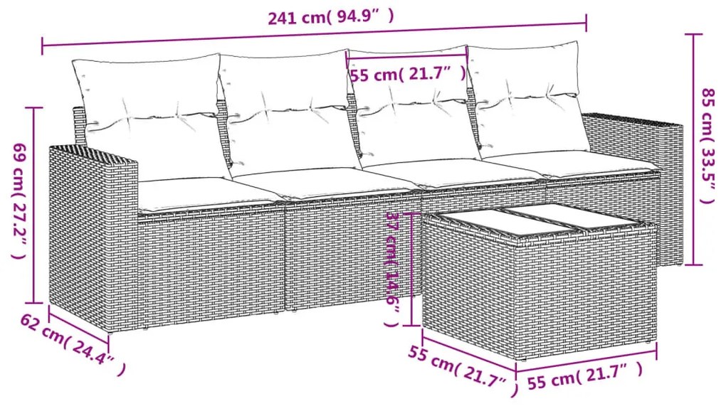 5 részes fekete polyrattan kerti kanapészett párnákkal