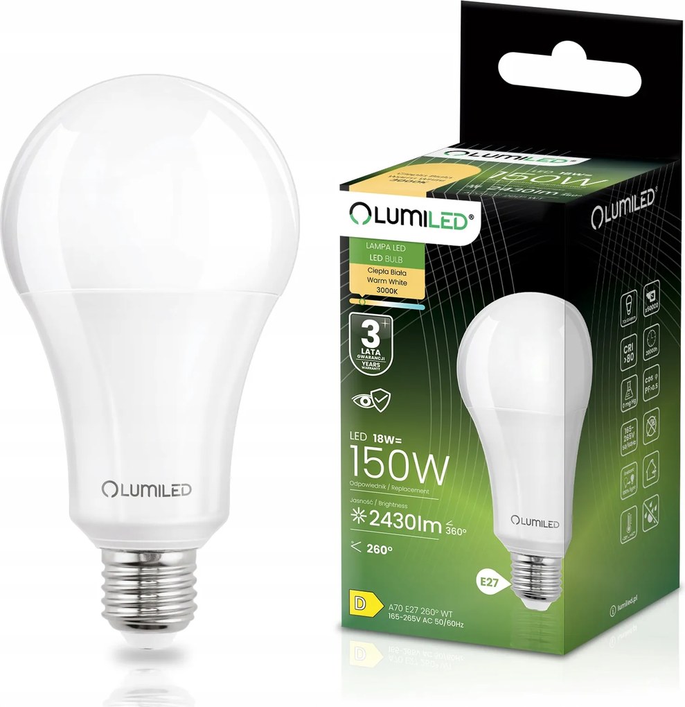 Led izzó E27 18W 150W 2430lm 3000K Meleg Fehér Prémium EMC2 Lumiled