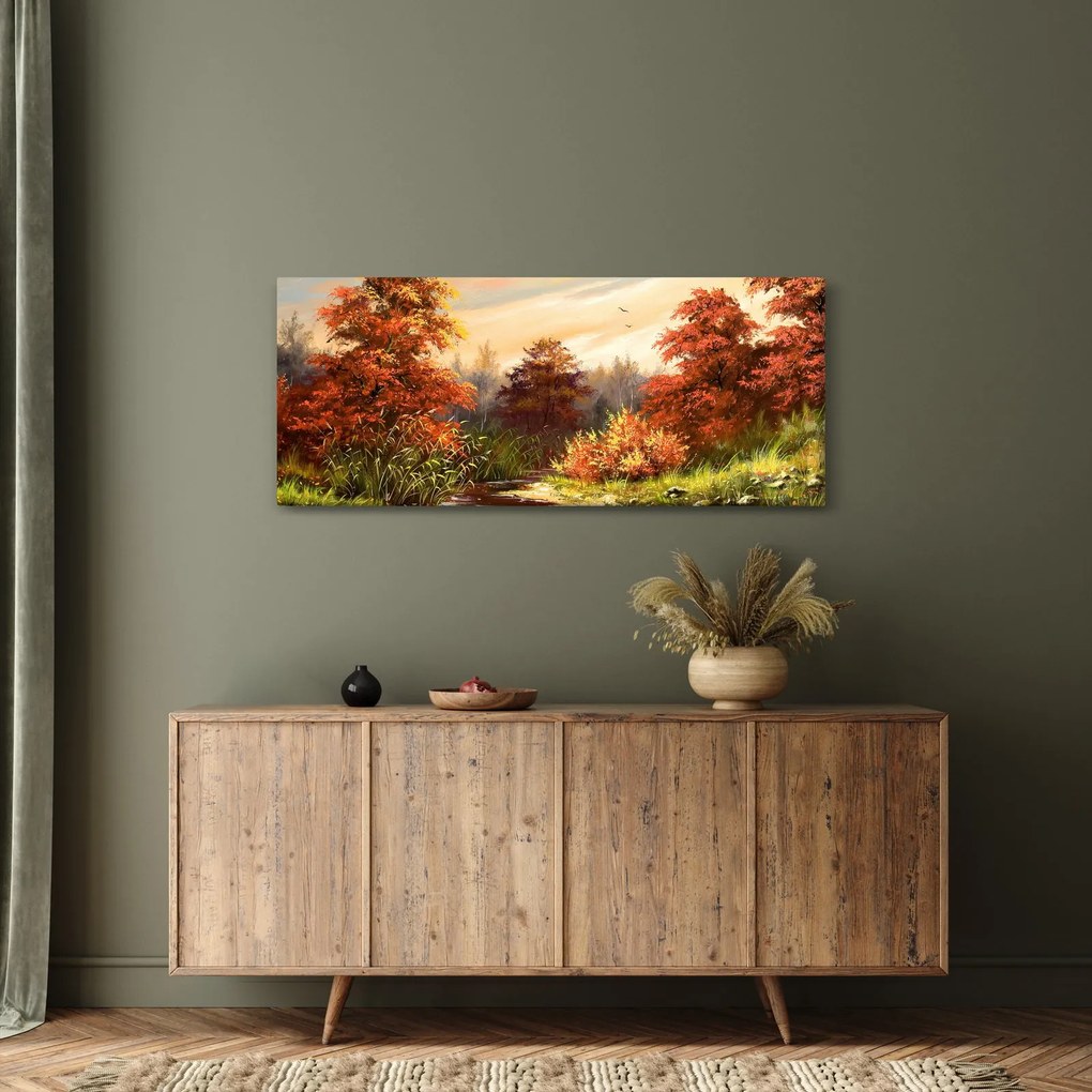 Kép egy folyóról egy őszi tájban, olajfestmény (120x50 cm)