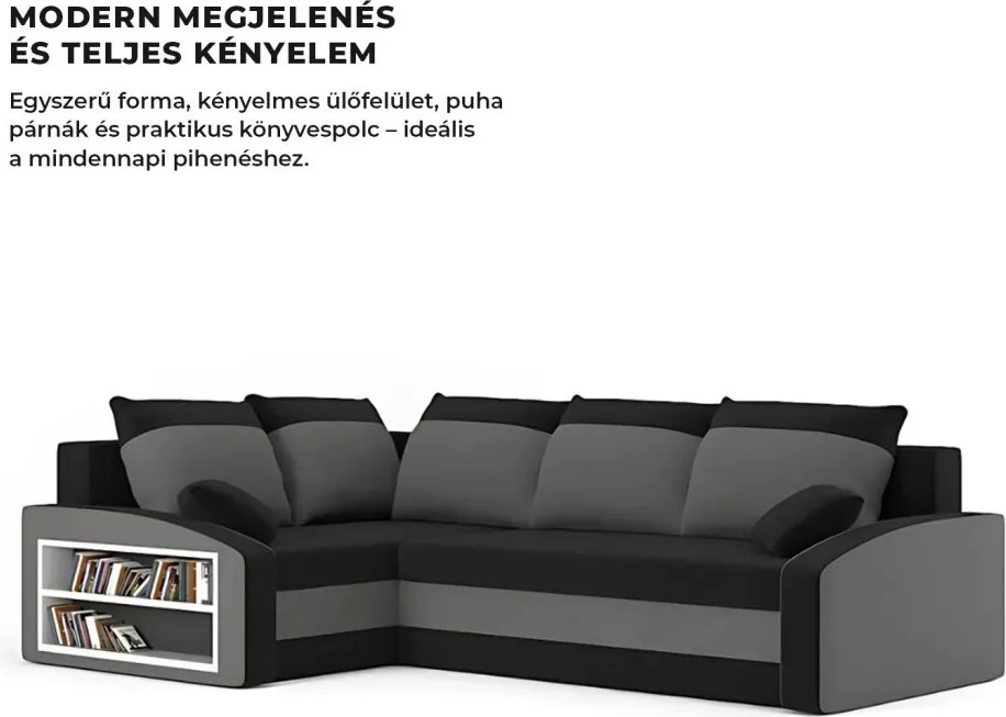 Grande sarokkanapé polcokkal , polc a bal karfaban, baloldali, szövet anyag, bonell töltet, fekete - szürke