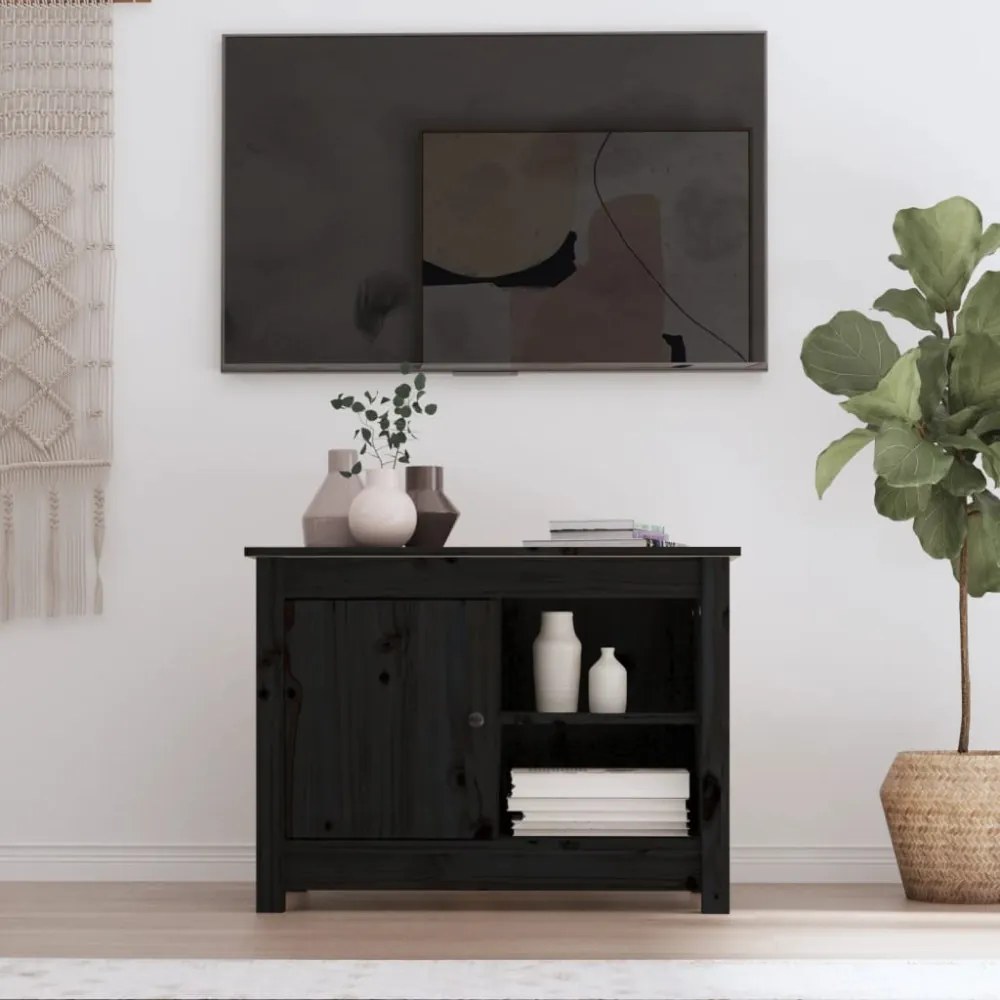 fekete tömör fenyőfa TV-szekrény 70 x 36,5 x 52 cm