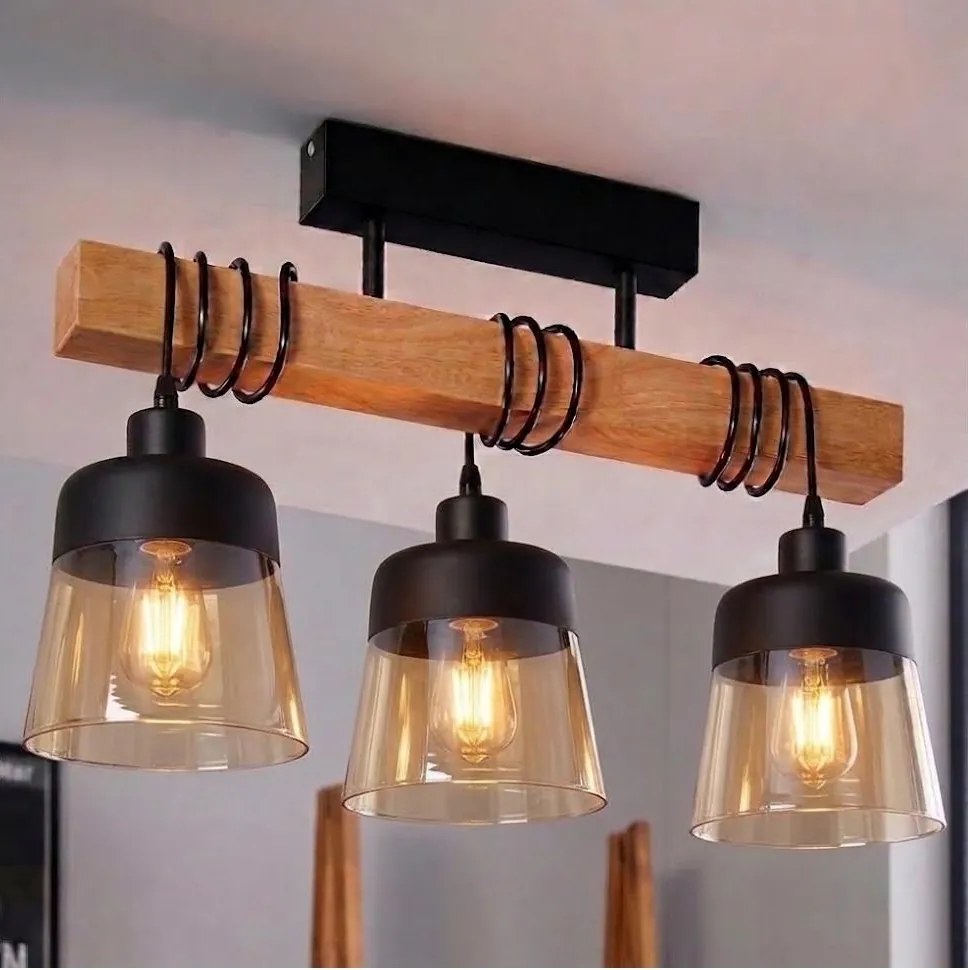BRILAGI - Ráépített csillár WOOD GLASS 3xE27/60W/230V fenyő/fekete/füstbarna