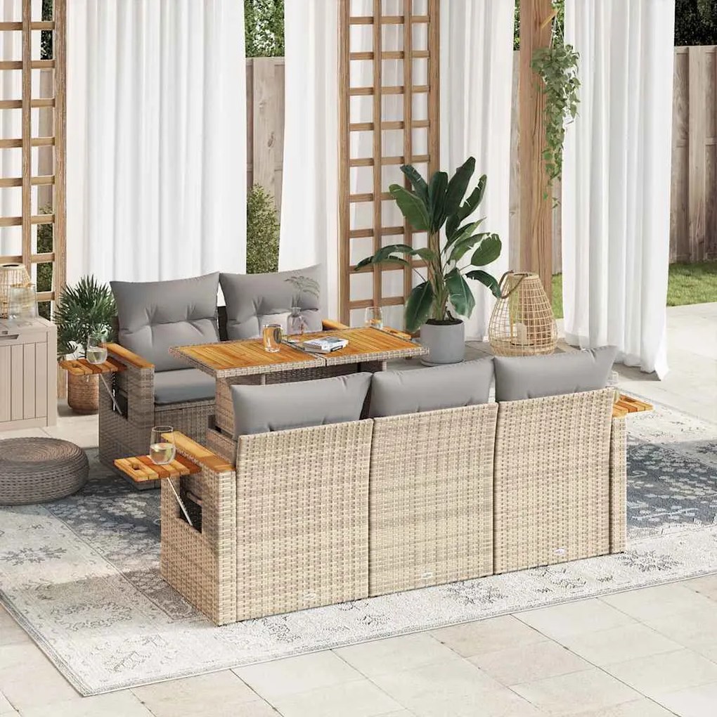 6 részes bézs polyrattan akácfa kerti ülőgarnitúra párnával
