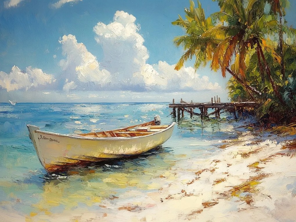 Vászonkép Canvas Tájkép Óceán Tengerpart Pálmafák Kikötő Móló Csónak 100x75