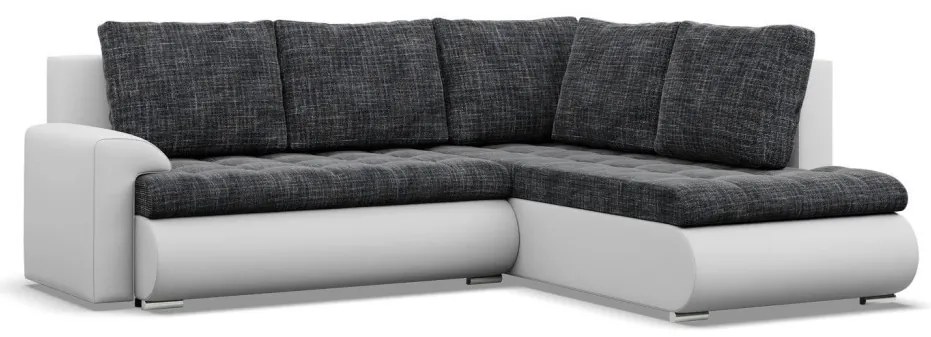 Tokio sarokkanapé, L alakú háttámlával, 2 ágyneműtartóval, fonott + műbőr, jobboldali, sötétszürke - fehér