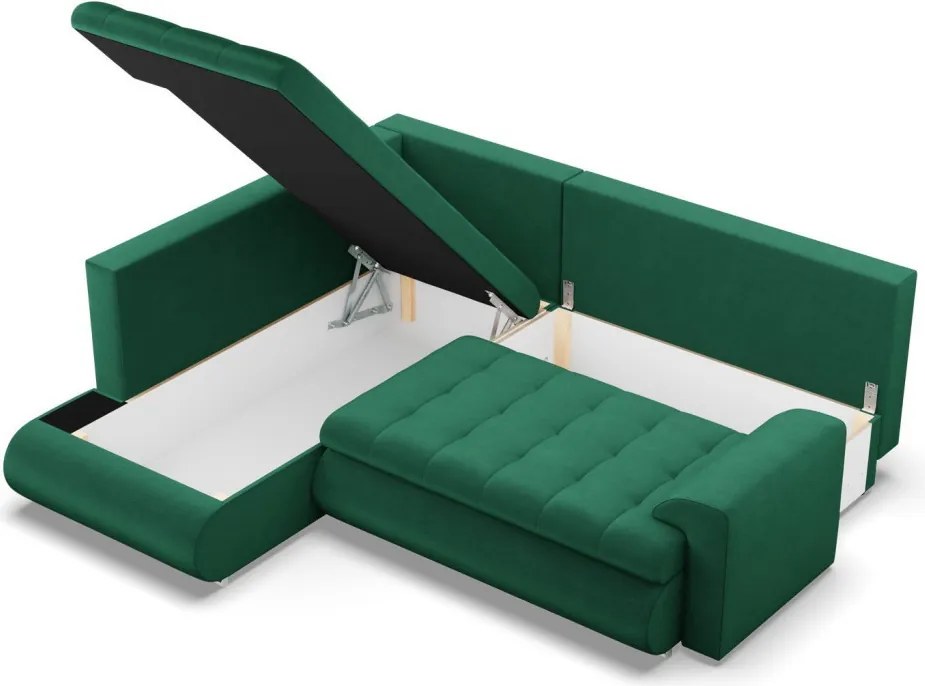 Tokio sarokkanapé, L alakú háttámlával, 2 ágyneműtartóval, bársony, baloldali, zöld