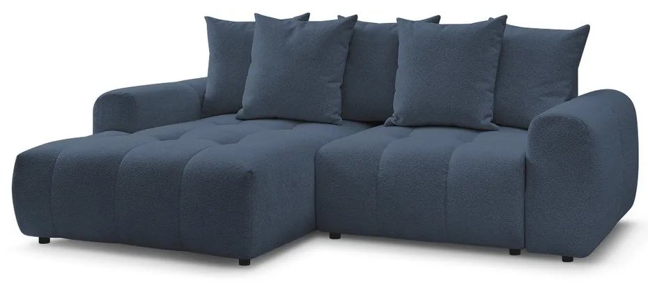 Kék zsenília kinyitható-tárolóhelyes sarokkanapé (bal oldali-heverő résszel) Roxelane – Bobochic Paris