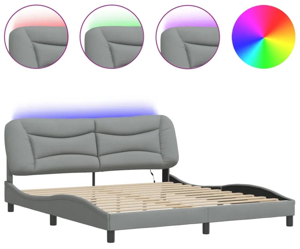 világosszürke szövet ágykeret LED-ekkel matrac nélkül Hvar 180 x 200 cm