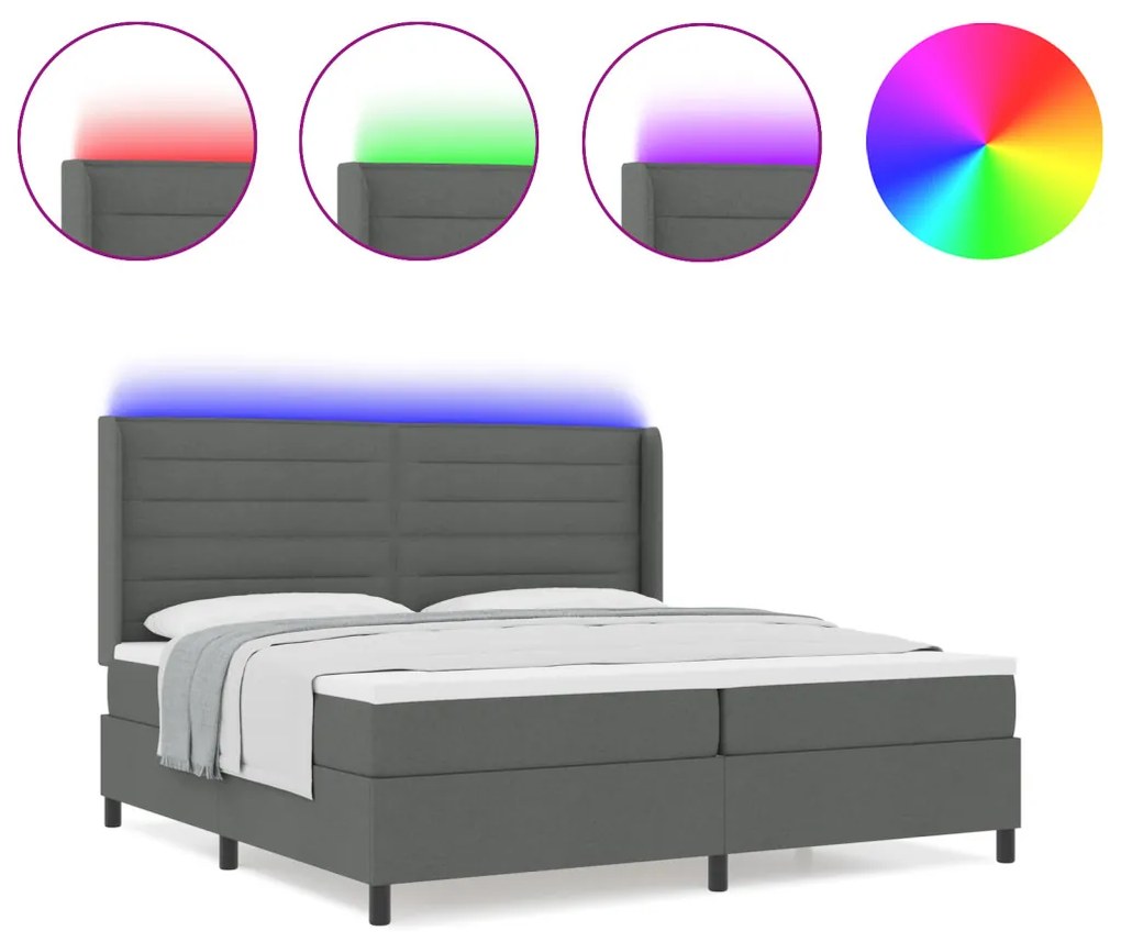 Boxspring Ágy Matraccal és LED Fekete Szürke 200x200 cm Szövet