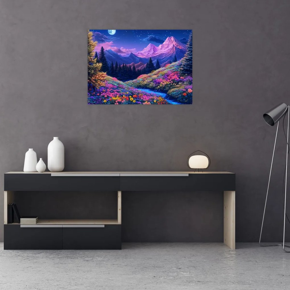 Üveg kép - Lila táj teljes holdfénynél (70x50 cm)