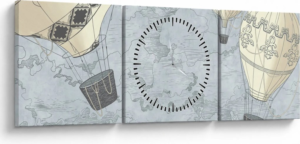 Kép - léggömbök a város felett, hűvös tónusok (órával) (90x30 cm)