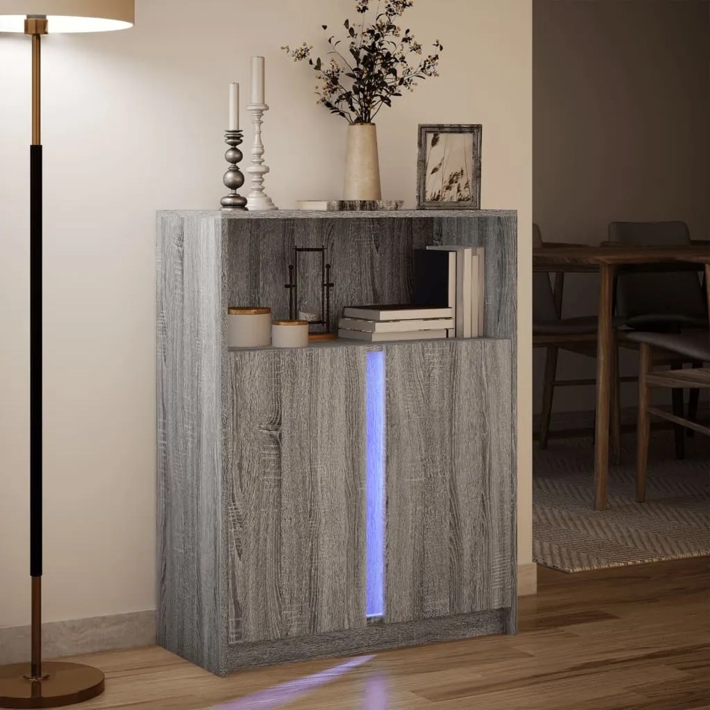 szürke sonoma szerelt fa tálalószekrény LED-del 77x34x100 cm